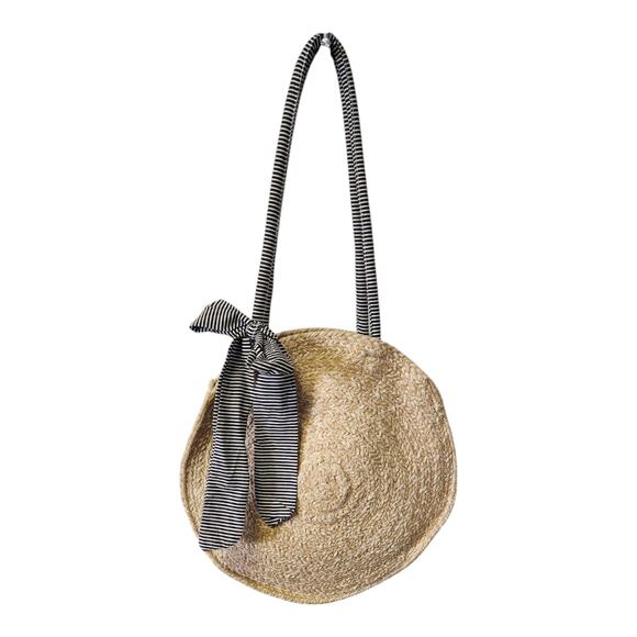 Fifth & Luxe Boho Woven Round Tan Rafia Striped Handle Beach Resort Purse Bag - Picture 3 of 7